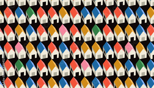Seamless pattern with abstract house shapes. Artistic background with dynamic composition, stylized homes scattered across. Creative repeat pattern for urban design, fabric, posters, contemporary.