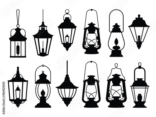 Collection of vintage lantern silhouettes isolated on white background, Vector, illustration