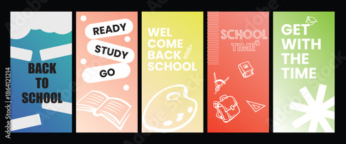 Back to school poster templates set with playful typography, colorful illustrations and modern flat design style
