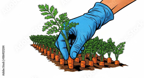 Hand harvesting carrots in garden bed with blue gloves  