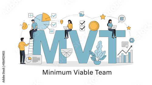 MVT or Minimum Viable Team concept showing a small, efficient group of professionals working together on a startup project with essential tasks and goals.