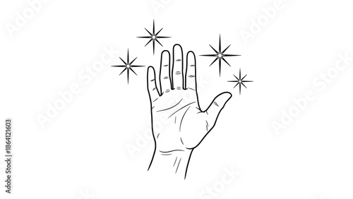 Simple line drawing of an open hand surrounded by four sparkling stars, representing magic, cleanliness, wishing, or a creative touch.