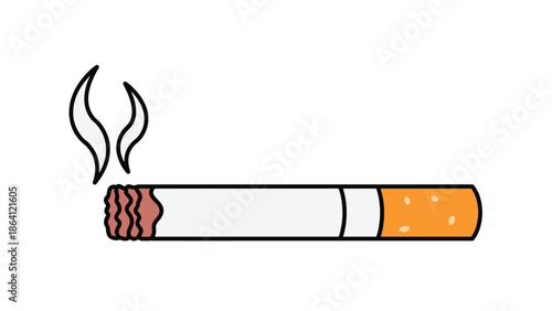 Simple cartoon illustration of a lit cigarette with a filter, burning at the end and releasing two plumes of smoke, representing smoking and addiction.