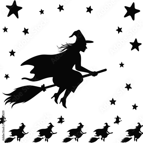 Witch Flying on Broomstick Silhouette Vector – Halloween Magic Fantasy Illustration