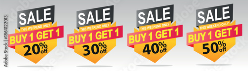 Weekend Sale Badges Vector Set - Buy 1 Get 1 Promotion 20, 30, 40, 50 Percent Off Labels