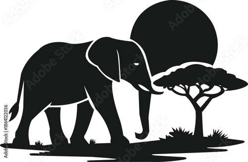 black elephant silhouette walking in african savanna clip art preview