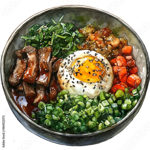 Bibimbap, watercolor vector portraying a joyful pose with colorful highlights, isolated on a white background.
