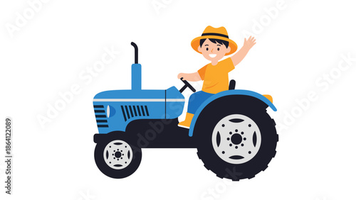 A cheerful cartoon boy wearing a hat and waving while driving a large blue tractor, a simple and cute illustration of farming and rural life.