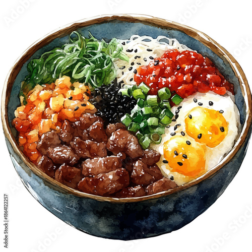watercolor of Bibimbap illustration graphic, isolated on a white background.
