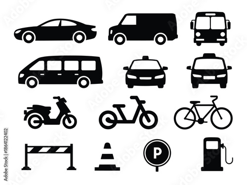 Various modes of transportation and traffic symbols isolated on white background, Vector, illustration