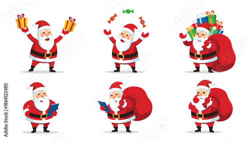 Collection of six cartoon Santa Claus characters in various fun poses, including holding gifts, juggling candy, and carrying a sack of presents.