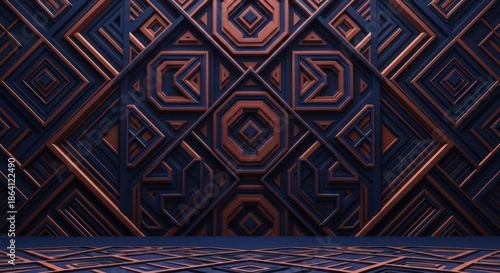 Intricate blue and copper geometric pattern wall