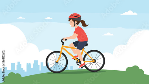Happy girl wearing a safety helmet while riding a yellow bicycle on a grassy hill with a city skyline view under a blue sky.