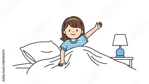 Illustration of a cute young girl waking up in her bed, stretching and waving happily with a lamp on the nightstand beside her.