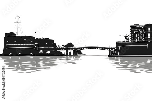 Taranto skyline silhouette with Ponte Girevole and Castello Aragonese, minimalist canal view