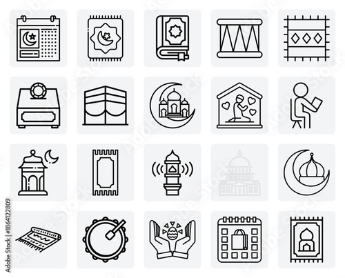 Islamic Cultural And Religious Symbols – A Mosque, The Quran, And A Prayer Rug For Spiritual And Educational Designs.