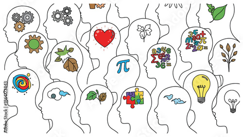 Vector illustration representing the human mind and diverse experiences, highlighting neurodiversity and autism acceptance.eps