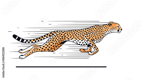 Dynamic illustration of a cheetah running at full speed, with motion lines indicating its incredible velocity, isolated on white.