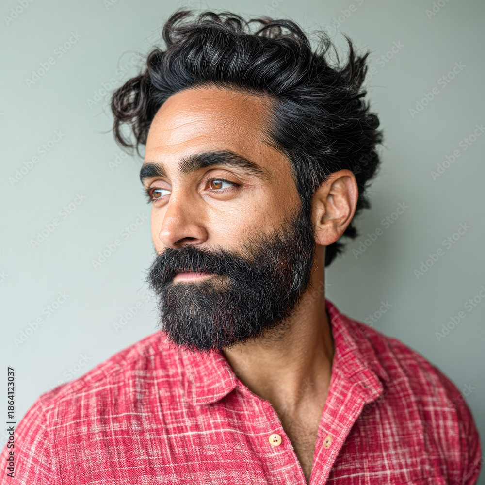 Obraz premium A man with tousled hair and a thick beard poses thoughtfully, wearing a red patterned shirt against a simple background.