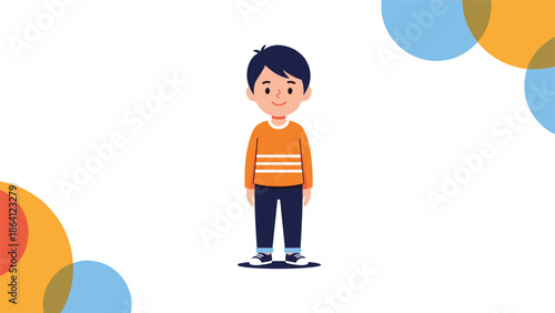 Full-body cartoon illustration of a cute young boy with dark hair standing and smiling, on a white background with colorful circles.