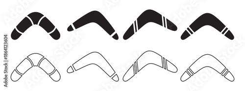 Collection of Australian Boomerang Icons in Solid and Outline Styles, Traditional Aboriginal Hunting and Sport Equipment Silhouettes