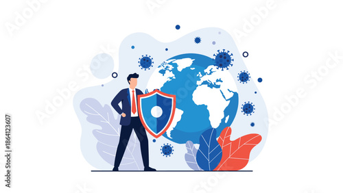Businessman holding a shield to protect the earth from coronavirus particles, symbolizing global protection and immune defense.