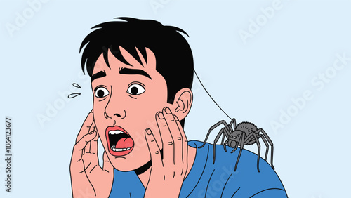 Comic book style illustration of a terrified man screaming in fear as a large spider crawls on his shoulder, depicting arachnophobia.