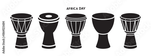 Africa Day Celebration Icons Set Featuring Traditional Djembe Drum Silhouettes, Cultural Musical Instrument Graphics for African Heritage Events