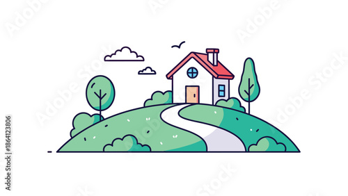 Simple and clean line art illustration of a cozy white house with a red roof situated on a green hill with a winding path.