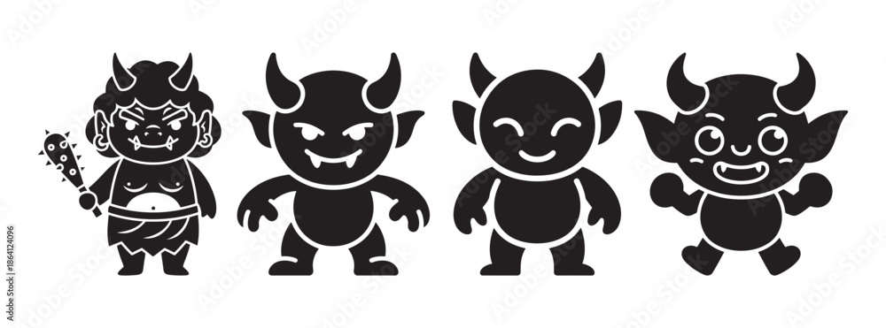 Fototapeta premium Japanese Folklore Oni Demon Silhouettes Set, Traditional Mythical Creatures with Horns and Club for Setsubun Festival and Culture