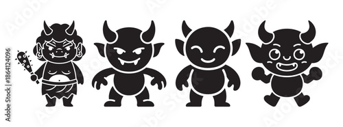Japanese Folklore Oni Demon Silhouettes Set, Traditional Mythical Creatures with Horns and Club for Setsubun Festival and Culture