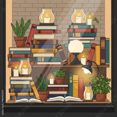 An illustration of a home library interior featuring wooden bookshelves and a study desk with a chair against a wall for a quiet education design