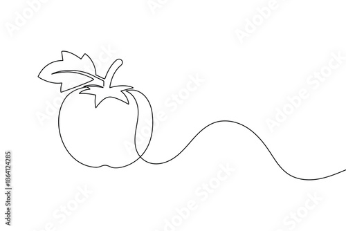 Minimalist continuous line drawing of a fresh tomato with leaves