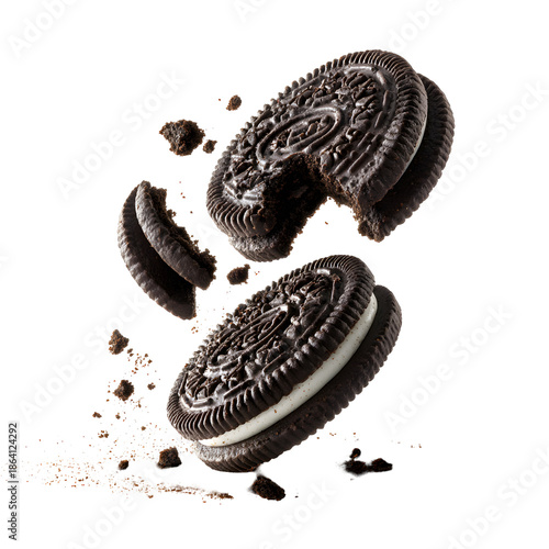  flying Oreo cookies with crumbs isolated on transparent white background