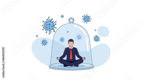 Businessman in a suit meditates in a lotus pose inside a glass dome, staying calm and protected from surrounding coronavirus.
