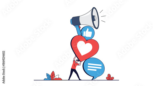 Conceptual illustration of social media engagement, with a person holding up a stack of heart, like, comment, and megaphone icons.