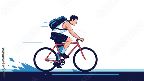 Dynamic illustration of a man with a backpack riding a fixed-gear bicycle at high speed, splashing through water on the road.