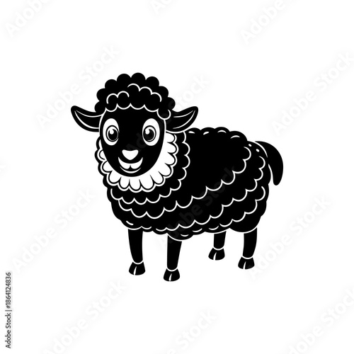 A cute, cartoonish black sheep with fluffy wool and a friendly expression stands on a white background.
