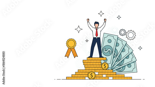 Successful businessman celebrating on a podium of gold coins and cash, with a winner's medal, symbolizing financial achievement.