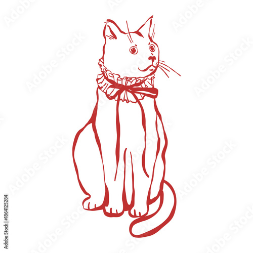 Vector outline illustration of a realistic aristocratic cat with a bow on his neck. The cat is wearing a vintage suit. Linear red clipart
