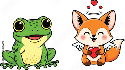 Cute frog and fox characters showing love and emotions cartoon animal mascot vector illustration