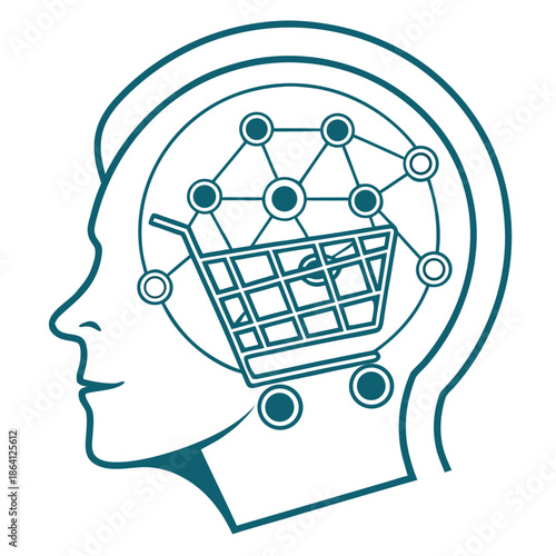 AI-powered smart shopping icon featuring neural node connections for intelligent retail systems and advanced ecommerce data analytics
