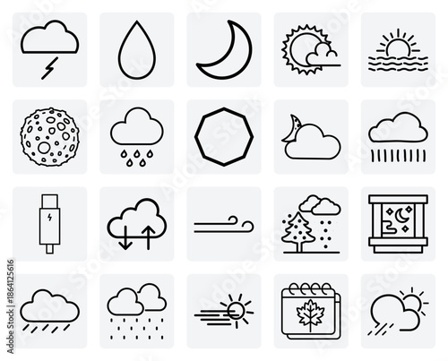 Weather Forecast Visuals Depicting Cloudy Skies, Rain, Snow, And Lunar Phases For User Interface And Report Design Projects.
