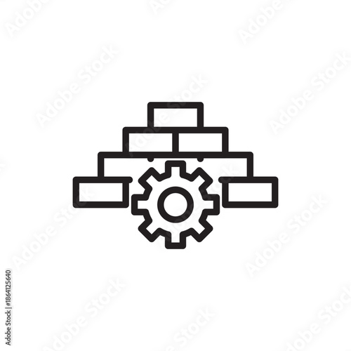 Industrial machine foundation icon featuring a structural block hierarchy integrated with a central mechanical gear, symbolizing heavy equipment stability and precision engineering vibration dampening