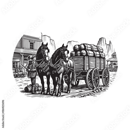 A man standing next to horse drawn wagon in front of old buildings