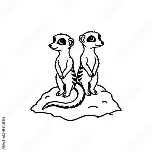 Two cartoon meerkats standing back to back on a dirt mound, a black and white line art illustration.