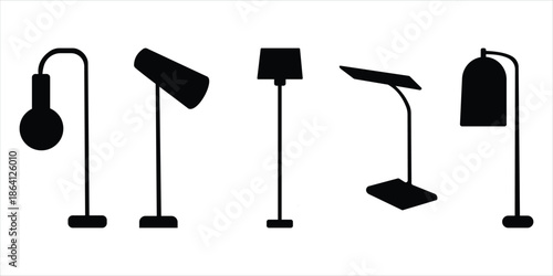 Lamp and Lighting Icon Set – Black Silhouette, Line and Filled Vector Icons of Desk, Table, Floor and Ceiling Lamps