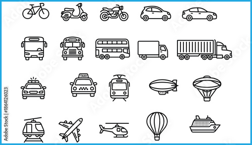 Black and white vector icons set representing diverse transportation modes including land, air, and water vehicles for travel and logistics