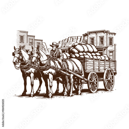 A man standing next to horse drawn wagon in front of old buildings