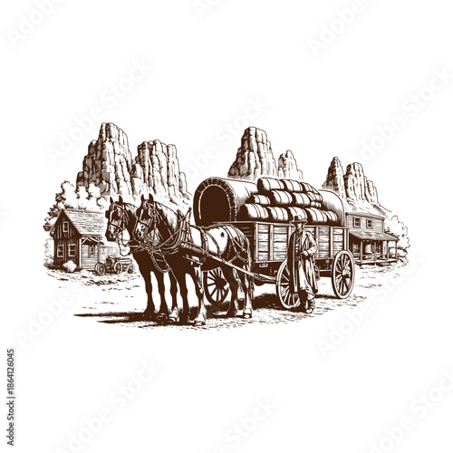 A man standing next to horse drawn wagon in front of old buildings